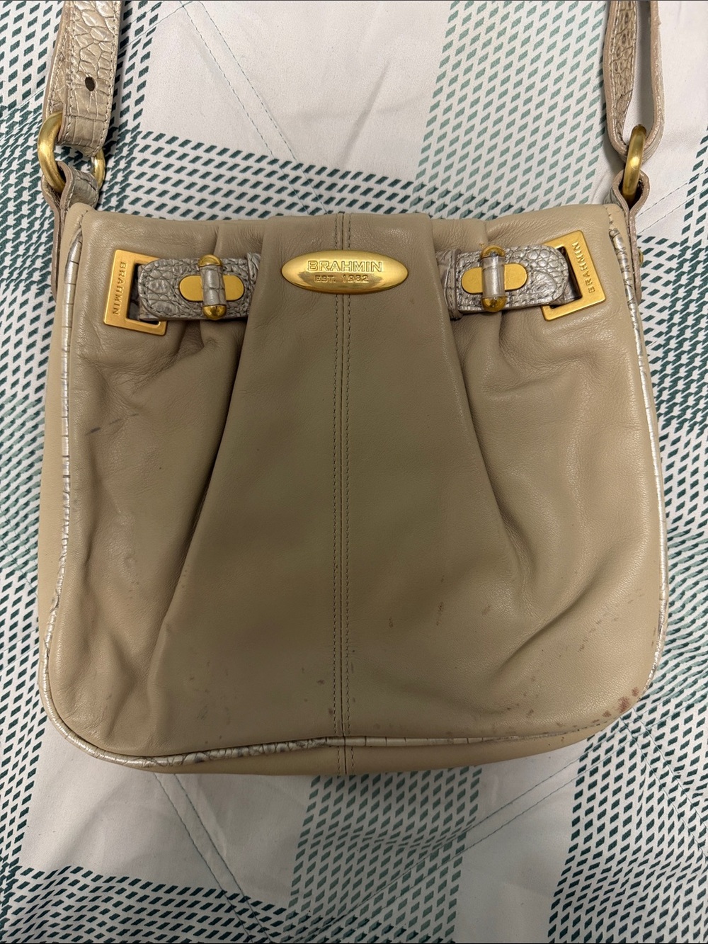 Brahmin Taupe Beige Leather Shoulder Bag with Gold Hardware